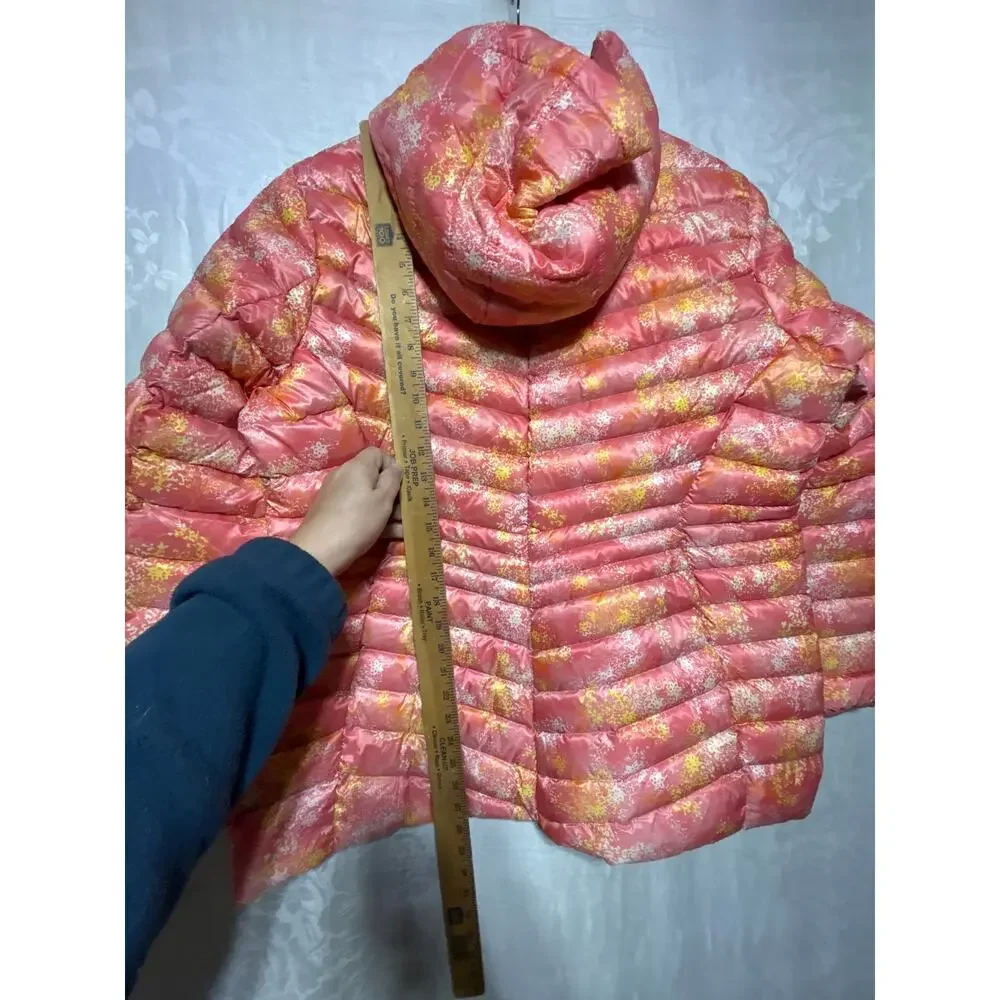 Lands End Puffer Coat Large 14 16 Down Filled Packable NEW Pink Yellow Abstract - Picture 8 of 12